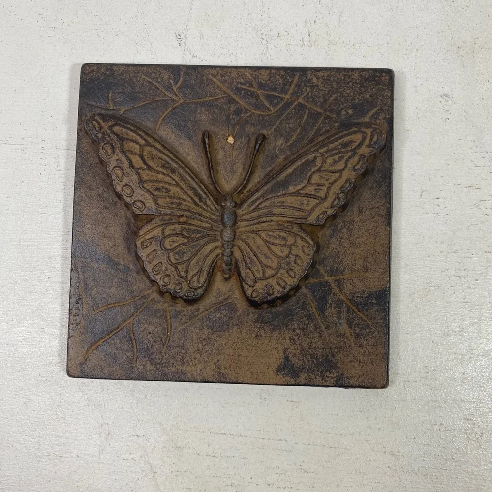 Cast Iron Butterfly Wall Tile Plaque Rustic Brown Garden Decor 6in
